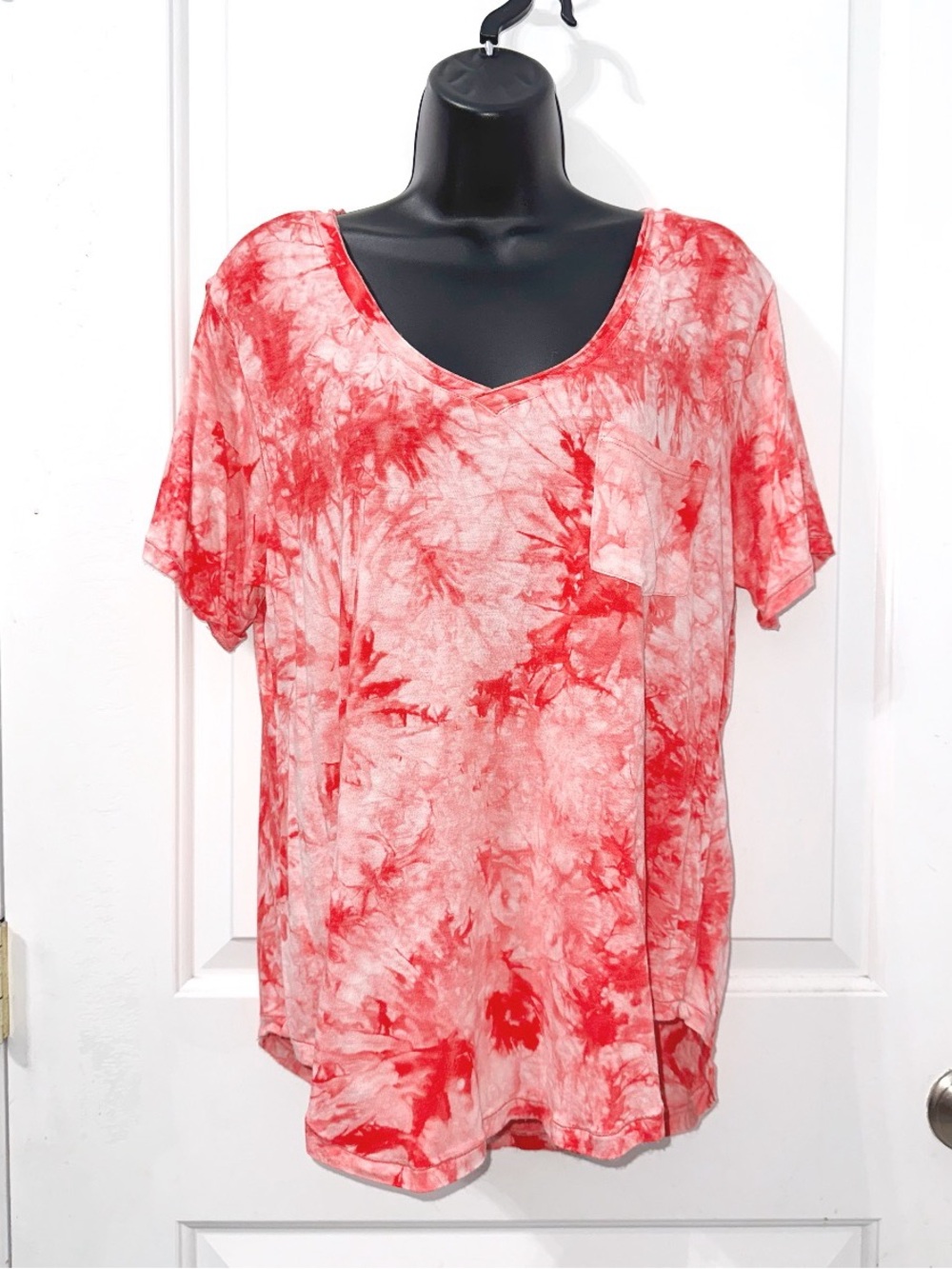 My Favorite tee, red and white tie-dye V-neck pocket tee features a relaxed fit
